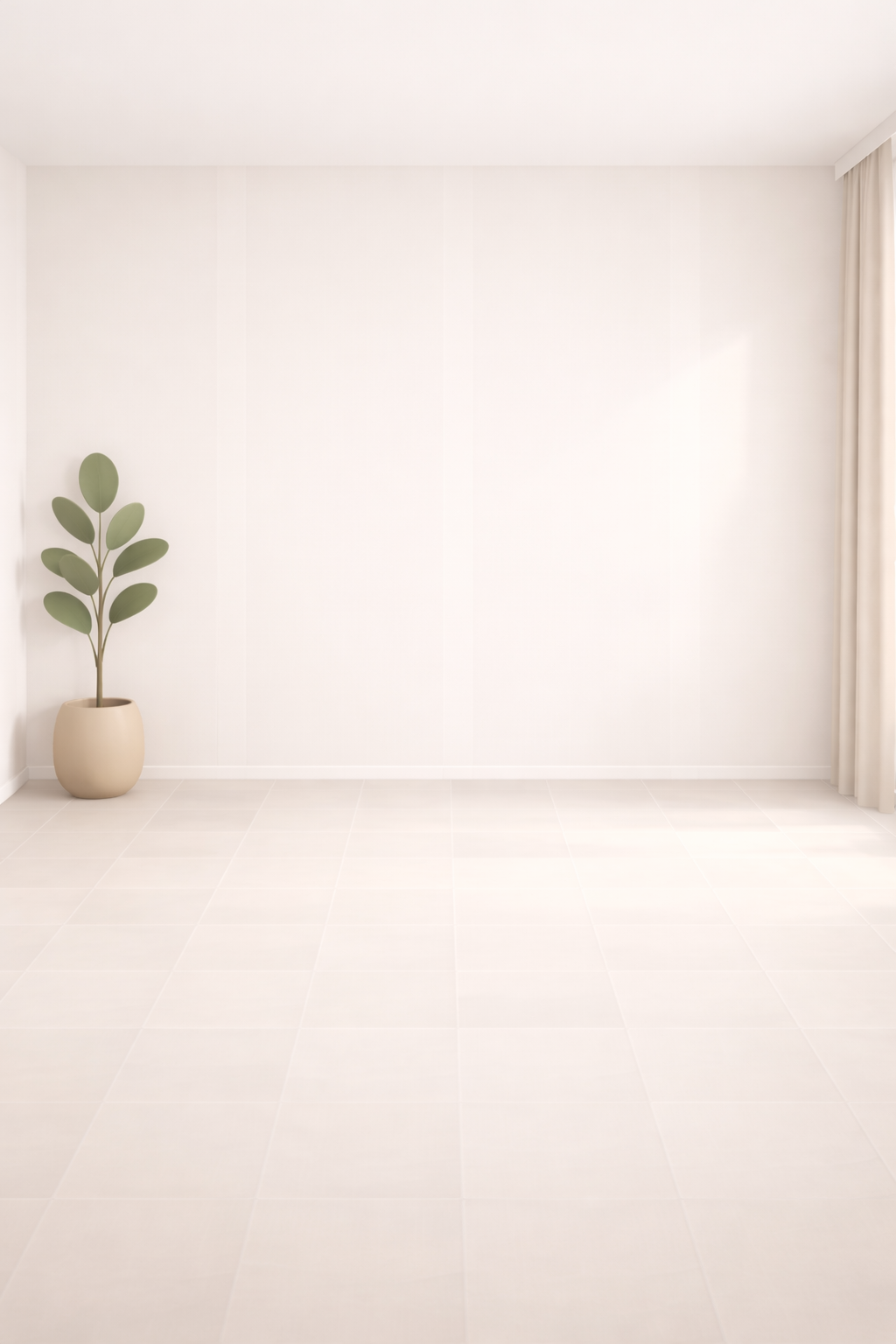 Current room photo showing an empty soft-neutral space before redesign