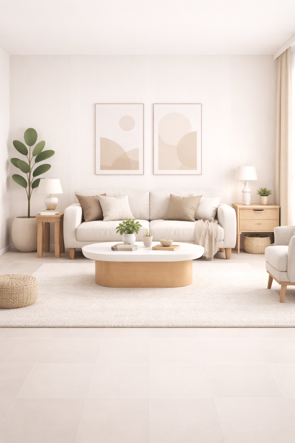 Generated concept showing a completed living room in soft natural tones