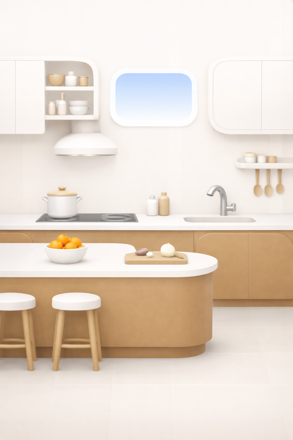 Warm minimalist kitchen concept with rounded island edges and white cabinetry