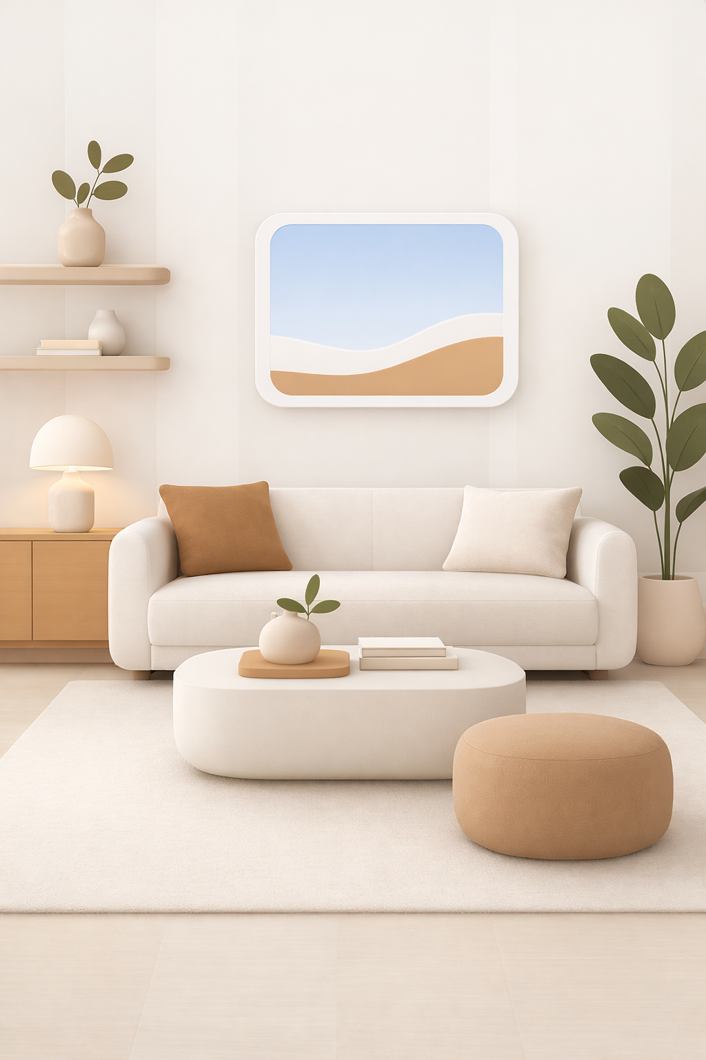 Calm living room concept with a soft sofa, rounded table, and warm accents